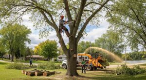 Tree pruning service in action, worker climbing tree with chainsaw, wood chipper processing branches, residential area in Grand Ledge, MI.