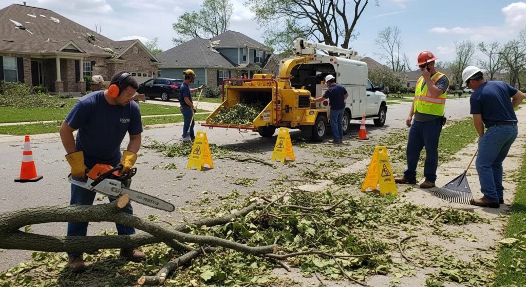 Workers clearing storm debris safely in a neighborhood
