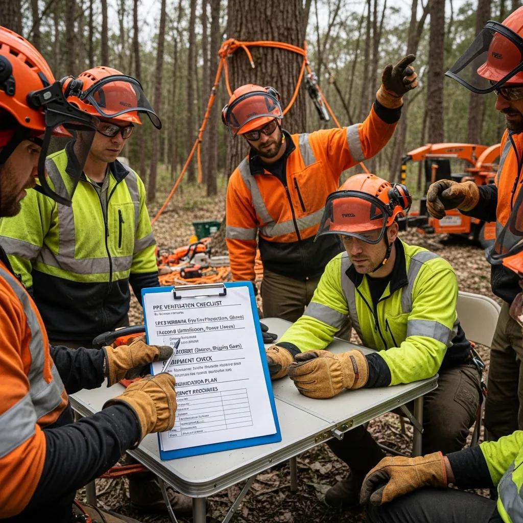 Arborists reviewing a safety checklist before urgent tree removal operations, highlighting safety protocols