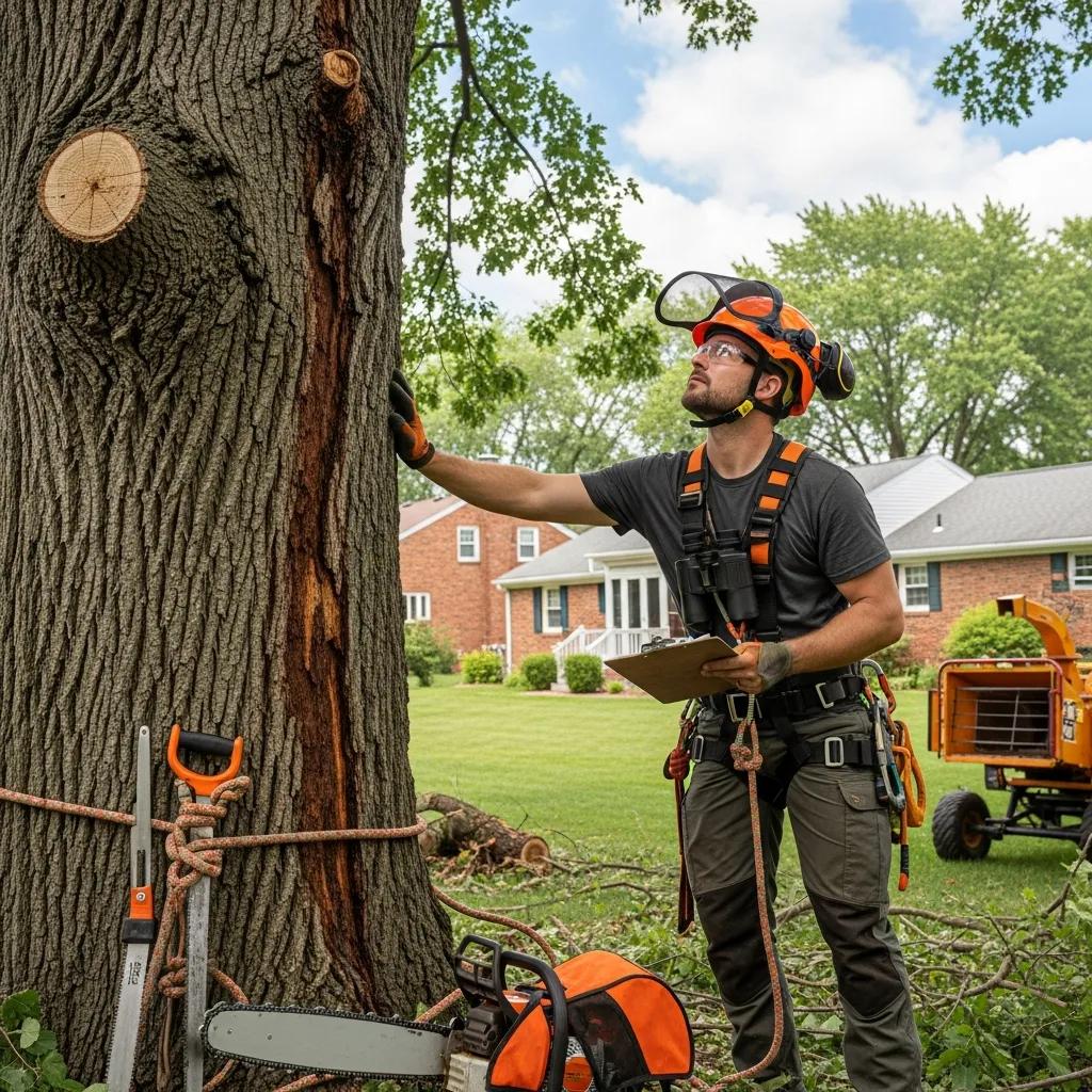 Certified arborist assessing tree health for safe removal, with tools and clipboard, in Grand Ledge, MI, showcasing tree damage and residential setting.