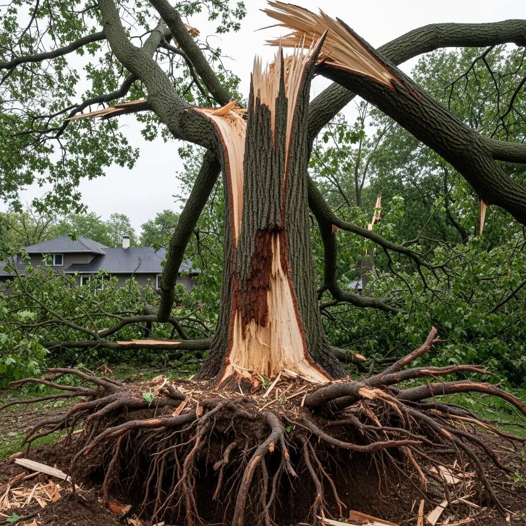 Close-up of a leaning tree with cracked trunk after a storm