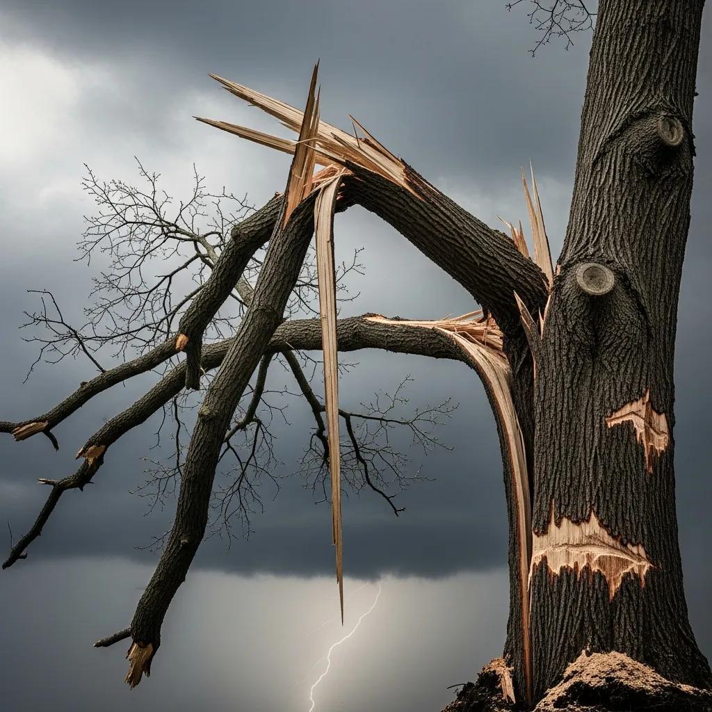 Close-up of a storm-damaged tree showing cracks and a leaning trunk