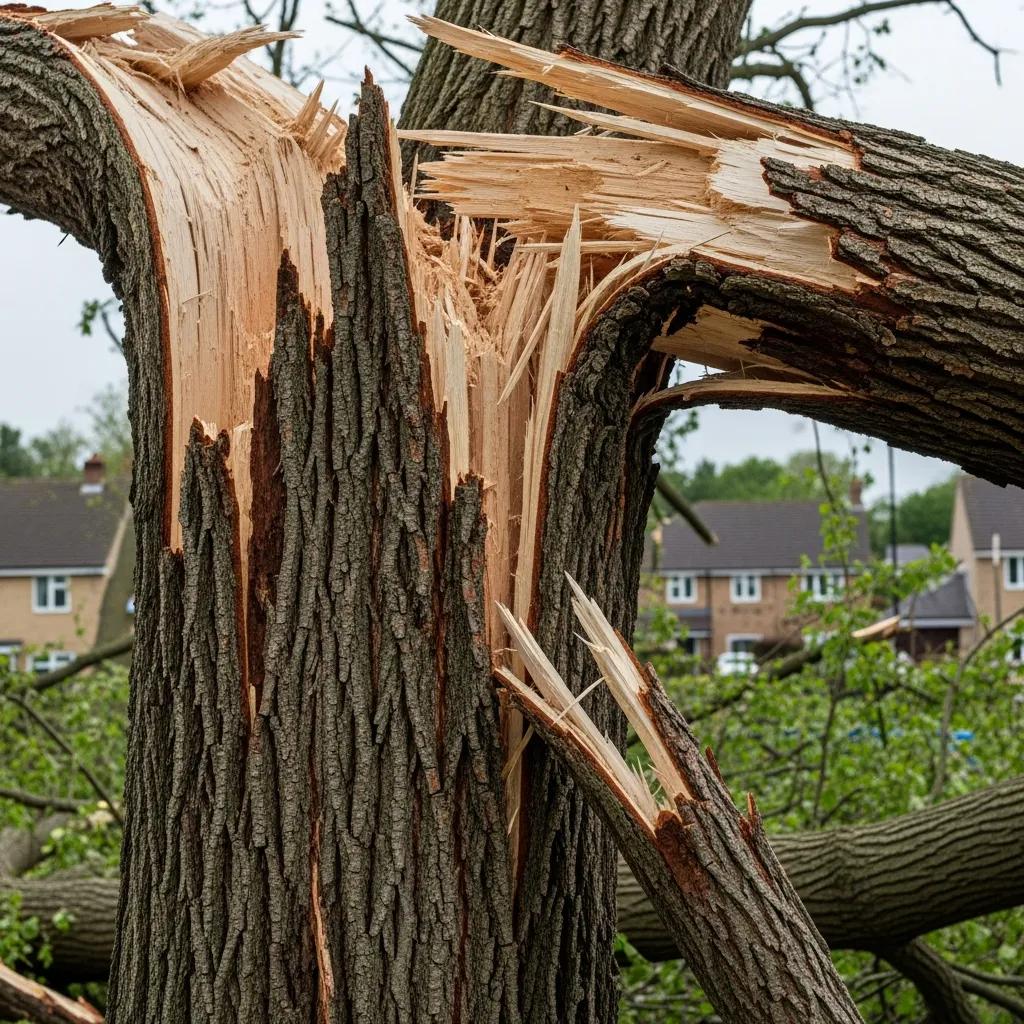 Storm-broken tree with cracked trunk and hanging branches after high winds