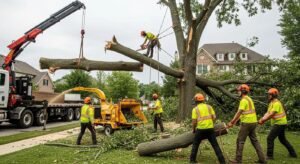 Crew safely removing a storm‑damaged tree from a residential yard