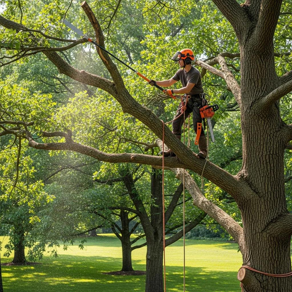 Professional arborist pruning a tree in Grand Ledge, MI, showcasing tree care expertise and enhancing landscape health.