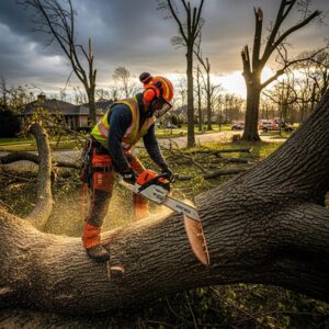 Professional arborist removing a fallen tree after a storm, highlighting emergency tree removal services