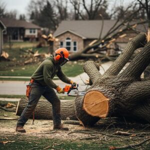 Professional arborist removing a fallen tree in a suburban neighborhood after a storm