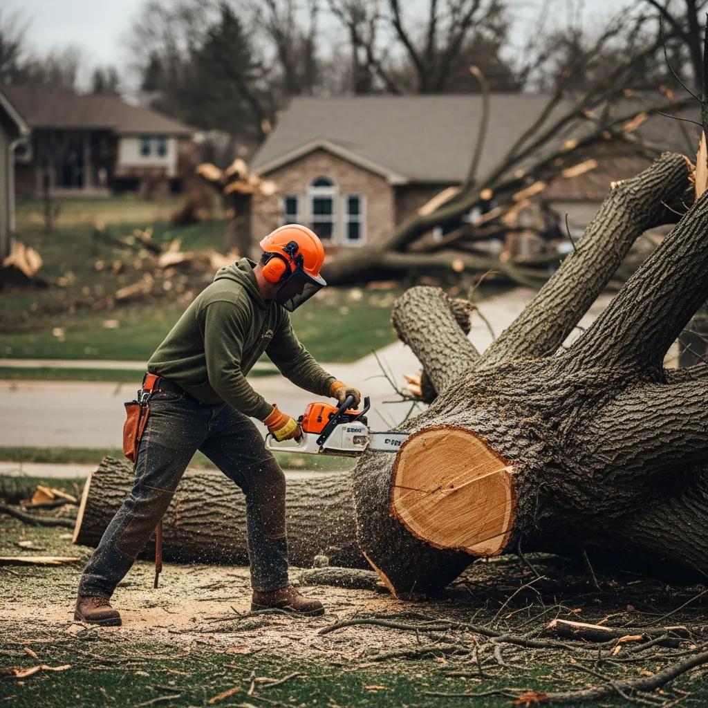 Professional arborist removing a fallen tree in a suburban neighborhood after a storm