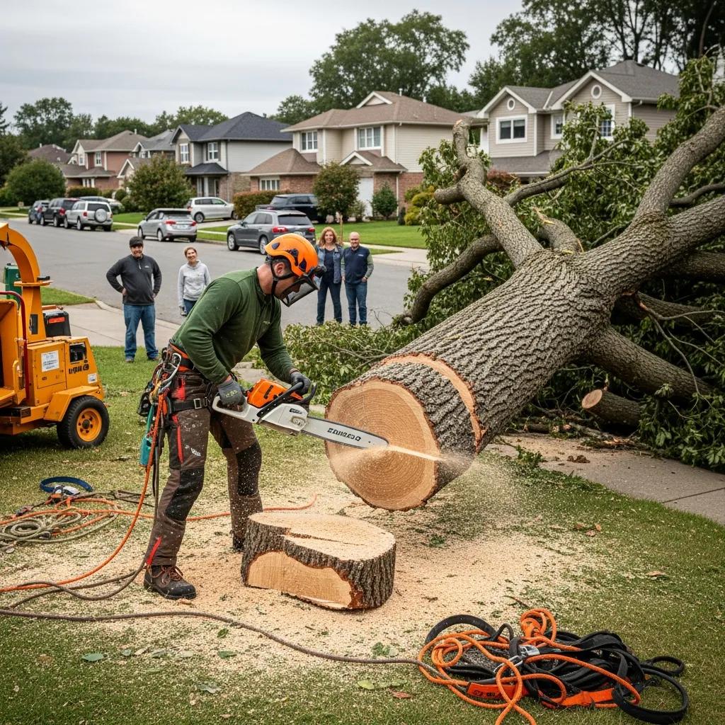 Professional arborist removing a fallen tree in a suburban neighborhood, highlighting emergency tree removal services