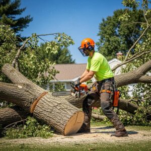 Professional arborist removing a fallen tree in Lansing, MI, showcasing emergency tree removal services