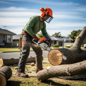 Professional arborist removing a large tree in East Lansing, emphasizing emergency tree removal services