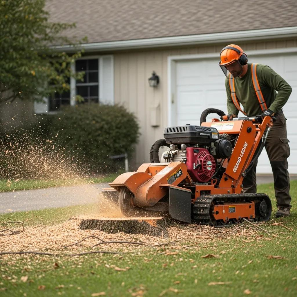 Professional stump grinding service in Grand Ledge, MI, showcasing a worker operating a stump grinder to eliminate a tree stump, with wood chips flying and a residential backdrop.