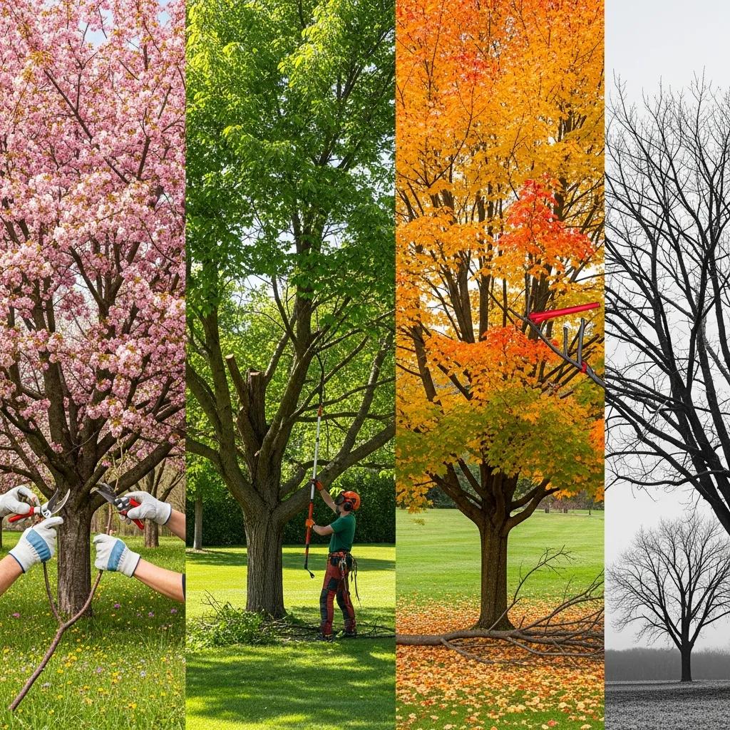 Seasonal landscape depicting various tree growth stages: blooming cherry blossoms, lush green foliage, vibrant autumn leaves, and bare winter branches, illustrating effective pruning practices throughout the year.