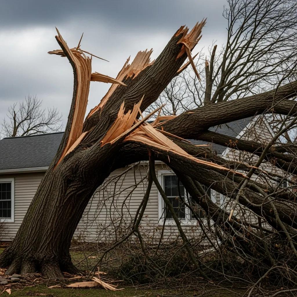Storm-damaged tree leaning toward a house, illustrating the need for urgent tree removal assessment