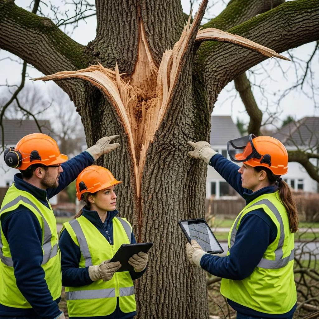 Licensed arborists assessing a damaged tree — emergency tree service team in action