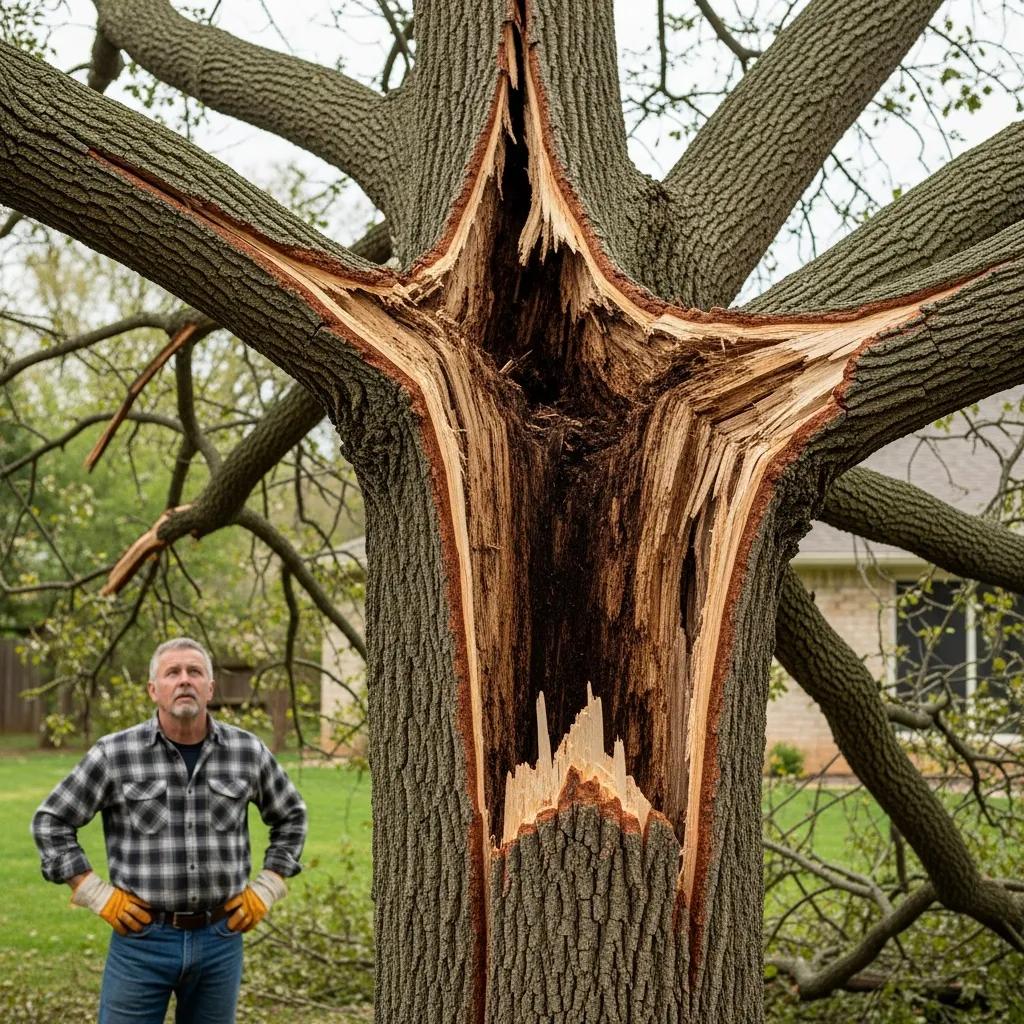 Tree with visible damage and a concerned homeowner, indicating signs for urgent tree cutting