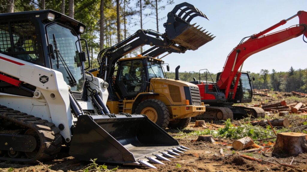 Heavy machinery used for lot clearing: bulldozers, excavators, and forestry mulchers