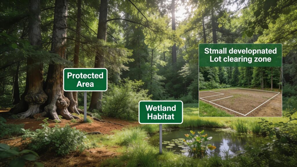 Wooded area showing natural features to consider for environmental permitting