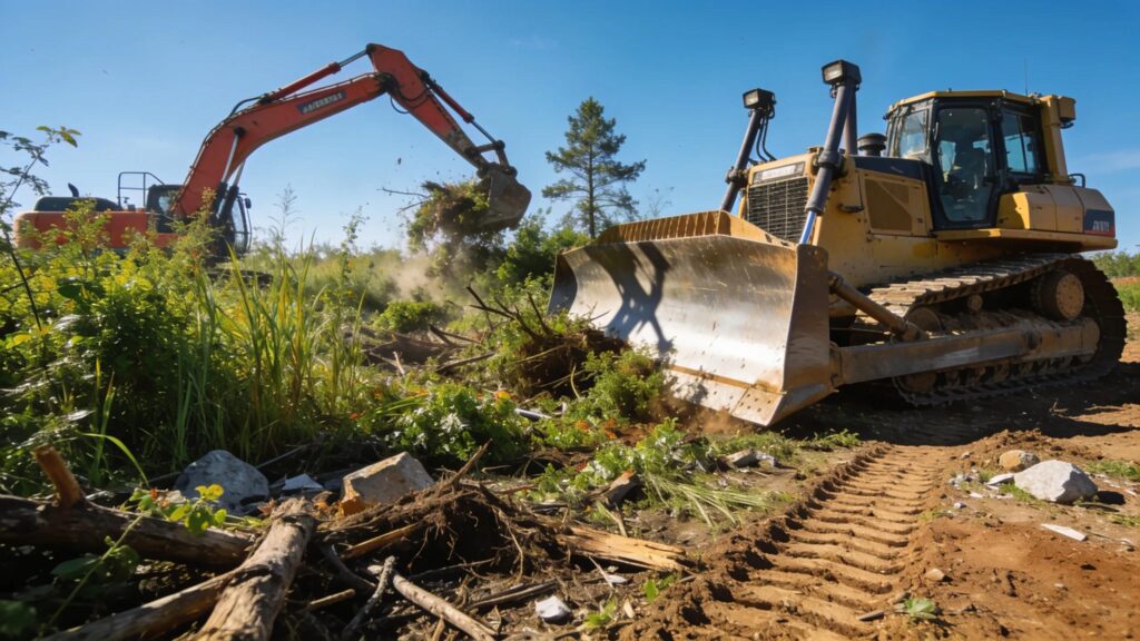 Professional lot clearing service showcasing bulldozers and excavators in a clearing operation